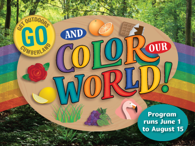 Get Outdoors York program logo with rainbow and colored objects.