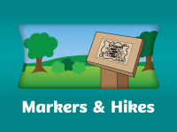 Illustration of marker post in an outdoor setting with link to information pages about the hikes.
